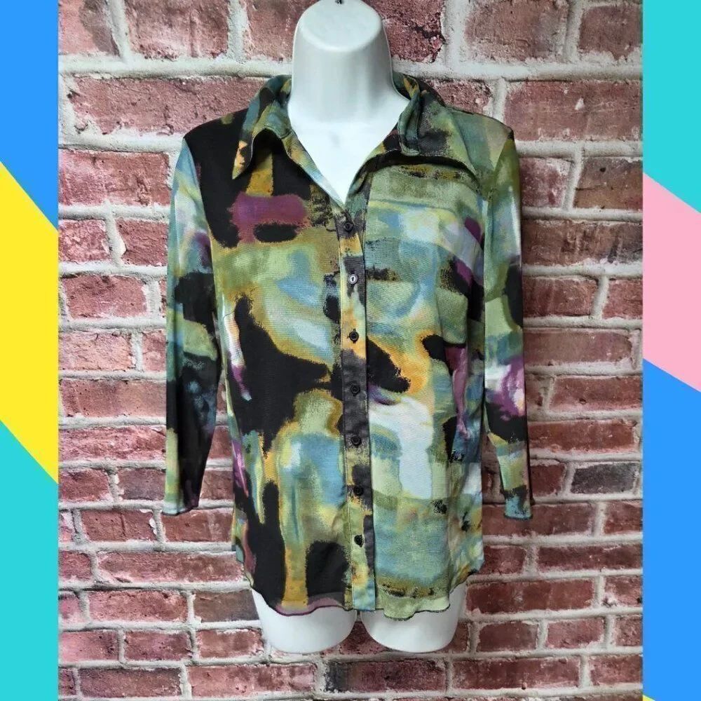 Vintage Essentials Milano Abstract Green Blouse – Women’s M 3/4 Sleeve Top